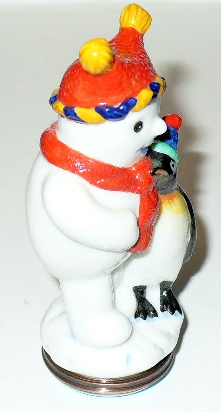HALCYON DAYS ENGLISH ENAMEL BOX- SNOWMAN & PENGUIN - CHRISTMAS BONBONNIERE - MIB