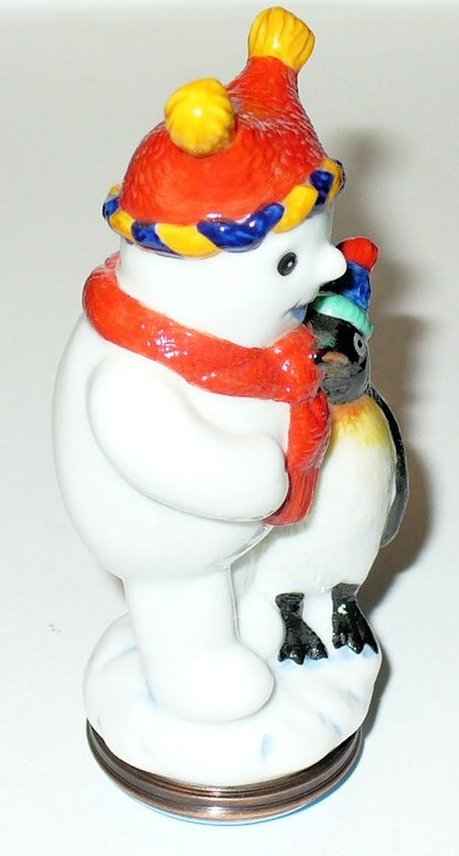 HALCYON DAYS ENGLISH ENAMEL BOX- SNOWMAN & PENGUIN - CHRISTMAS BONBONNIERE - MIB
