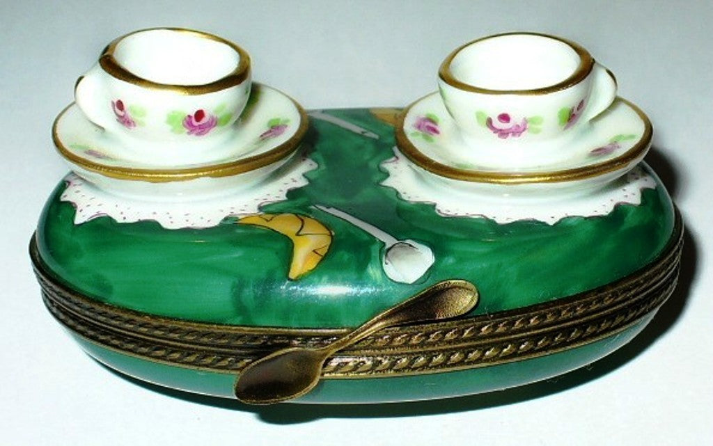 LIMOGES BOX - CHAMART - TEACUPS -~ TEA FOR TWO SET & TRAY - CROISSANTS
