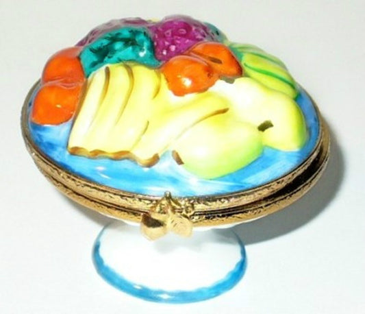 LIMOGES FRANCE BOX~  FRUIT BOWL & PEDESTAL ~APPLES & PEARS & BANANAS~ PEINT MAIN