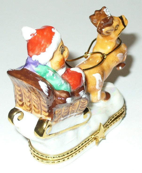 LIMOGES FRANCE BOX - CHRISTMAS - SANTA CLAUS TEDDY BEAR - SLEIGH & REINDEER - LE