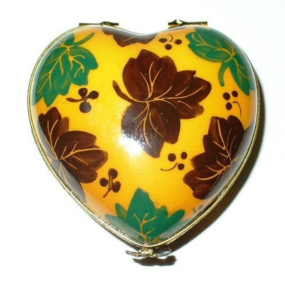 LIMOGES BOX - FLORAL HEART & LEAVES - FLOWER IN CRYSTAL INSIDE - ANNIVERSARY