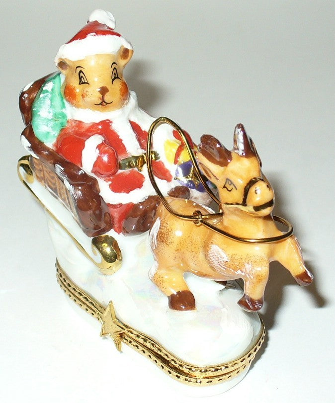 LIMOGES FRANCE BOX - CHRISTMAS - SANTA CLAUS TEDDY BEAR - SLEIGH & REINDEER - LE