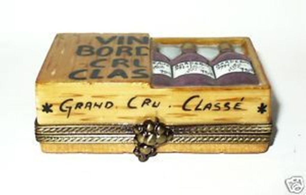 LIMOGES FRANCE BOX ~ CHAMART ~ WOODEN WINE CRATE & BORDEAUX BOTTLES ~ PEINT MAIN