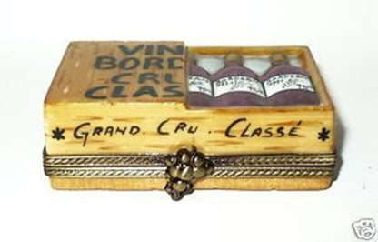 LIMOGES FRANCE BOX ~ CHAMART ~ WOODEN WINE CRATE & BORDEAUX BOTTLES ~ PEINT MAIN