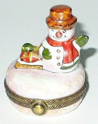 LIMOGES FRANCE BOX - CHRISTMAS - SNOWMAN & PRESENTS - SUMMER SCENE INSIDE