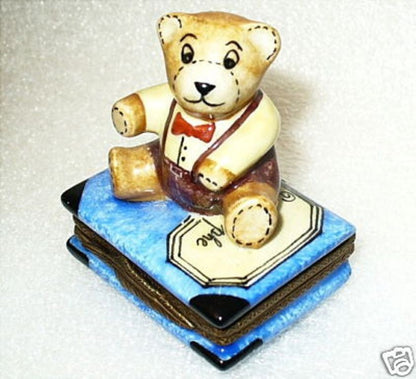 LIMOGES FRANCE BOX -ROCHARD- TEDDY BEAR & SCHOOL BOOK -SCHOOL SUPPLIES- SPELLING