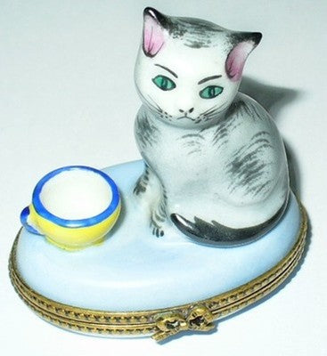 LIMOGES FRANCE BOX ~ CAT & CUP OF MILK & MOUSE ~ KITTEN ~ KITTY ~ DECOR MAIN
