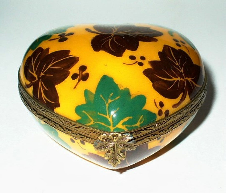 LIMOGES BOX - FLORAL HEART & LEAVES - FLOWER IN CRYSTAL INSIDE - ANNIVERSARY