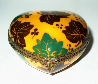 LIMOGES BOX - FLORAL HEART & LEAVES - FLOWER IN CRYSTAL INSIDE - ANNIVERSARY