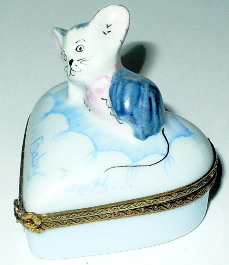 LIMOGES FRANCE BOX - ROCHARD - BLUE HEART & WHIMSICAL MOUSE - BABY TEETH - MICE