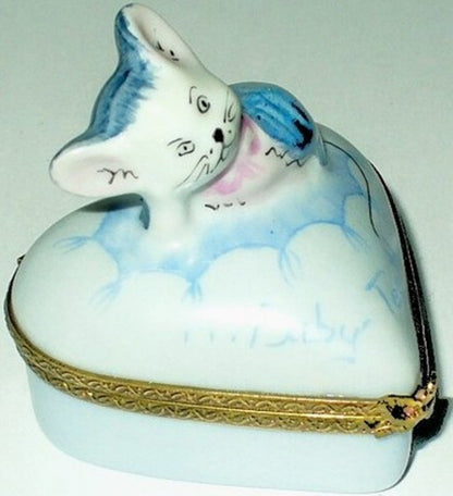 LIMOGES FRANCE BOX - ROCHARD - BLUE HEART & WHIMSICAL MOUSE - BABY TEETH - MICE