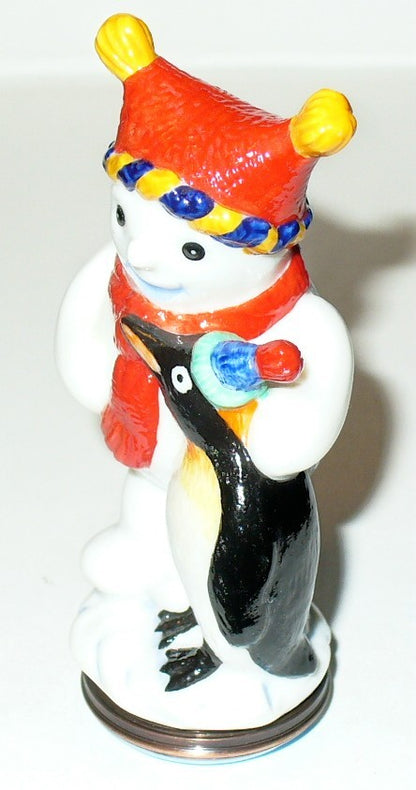 HALCYON DAYS ENGLISH ENAMEL BOX- SNOWMAN & PENGUIN - CHRISTMAS BONBONNIERE - MIB