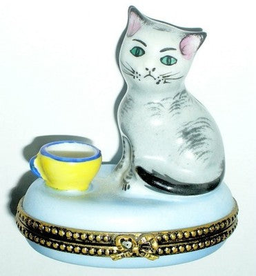 LIMOGES FRANCE BOX ~ CAT & CUP OF MILK & MOUSE ~ KITTEN ~ KITTY ~ DECOR MAIN