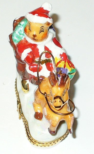 LIMOGES FRANCE BOX - CHRISTMAS - SANTA CLAUS TEDDY BEAR - SLEIGH & REINDEER - LE