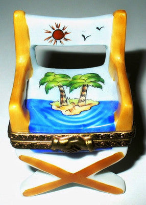 LIMOGES BOX~ PV ~ DIRECTOR'S BEACH CHAIR ~ OCEAN SCENE & PALM TREES ~ PEINT MAIN