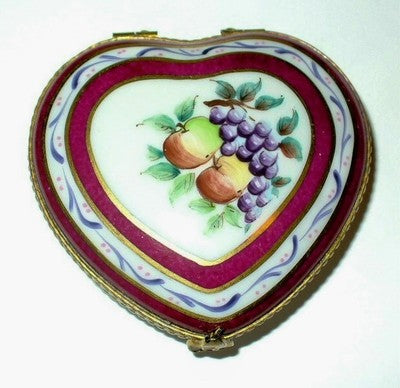 LIMOGES FRANCE BOX - BURGUNDY & WHITE HEART - FRUITS - APPLES & GRAPES - ANNIVERSARY