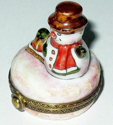 LIMOGES FRANCE BOX - CHRISTMAS - SNOWMAN & PRESENTS - SUMMER SCENE INSIDE