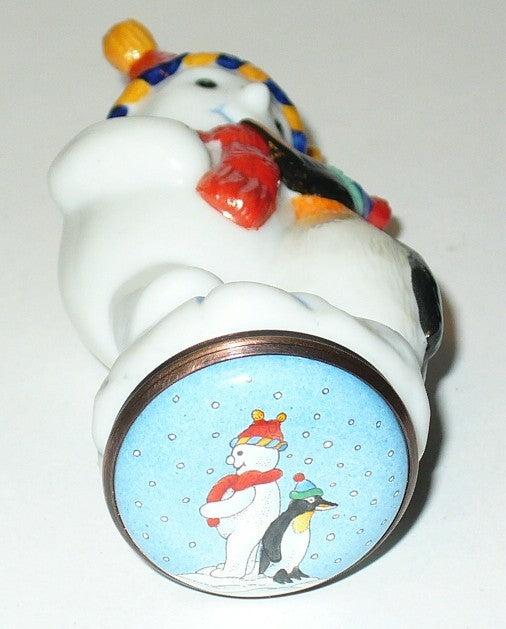 HALCYON DAYS ENGLISH ENAMEL BOX- SNOWMAN & PENGUIN - CHRISTMAS BONBONNIERE - MIB