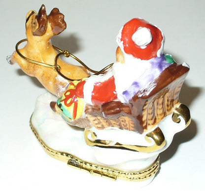 LIMOGES FRANCE BOX - CHRISTMAS - SANTA CLAUS TEDDY BEAR - SLEIGH & REINDEER - LE
