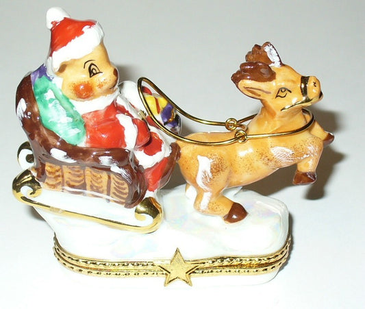 LIMOGES FRANCE BOX - CHRISTMAS - SANTA CLAUS TEDDY BEAR - SLEIGH & REINDEER - LE