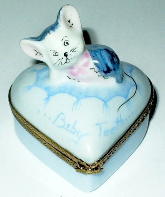 LIMOGES FRANCE BOX - ROCHARD - BLUE HEART & WHIMSICAL MOUSE - BABY TEETH - MICE