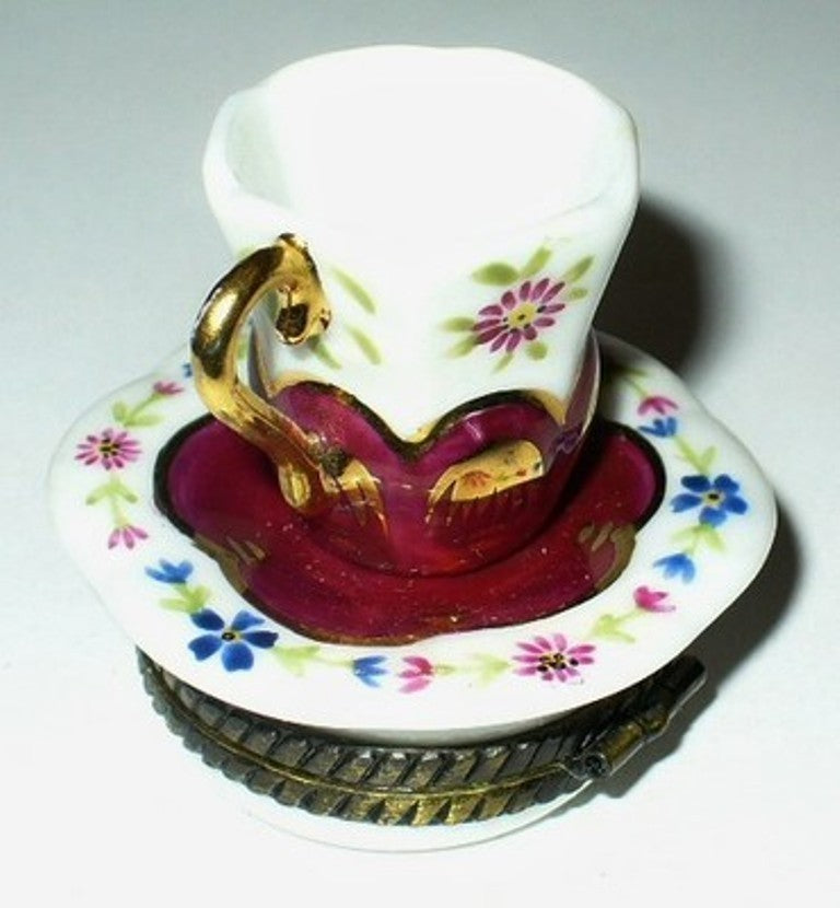 LIMOGES FRANCE BOX~ PARRY-VIEILLE ~FLORAL TEA CUP & SAUCER~ ROSE ~PEINT MAIN~ PV