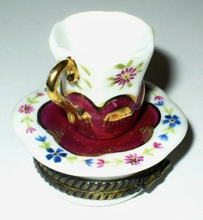 LIMOGES FRANCE BOX~ PARRY-VIEILLE ~FLORAL TEA CUP & SAUCER~ ROSE ~PEINT MAIN~ PV