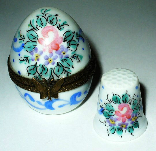 LIMOGES FRANCE BOX ~ VINTAGE ROSE EGG & PORCELAIN SEWING THIMBLE ~ PEINT MAIN