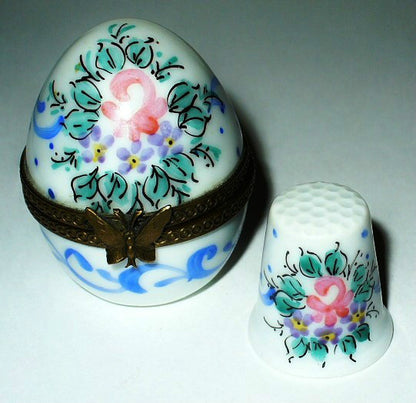 LIMOGES FRANCE BOX ~ VINTAGE ROSE EGG & PORCELAIN SEWING THIMBLE ~ PEINT MAIN