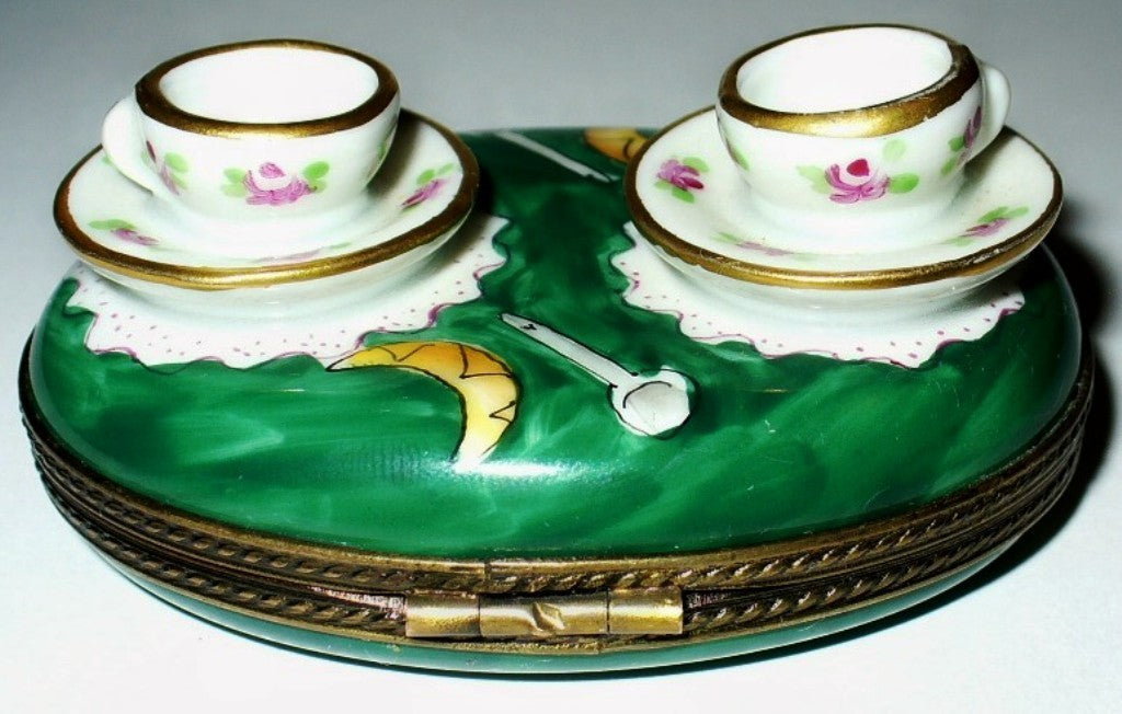 LIMOGES BOX - CHAMART - TEACUPS -~ TEA FOR TWO SET & TRAY - CROISSANTS