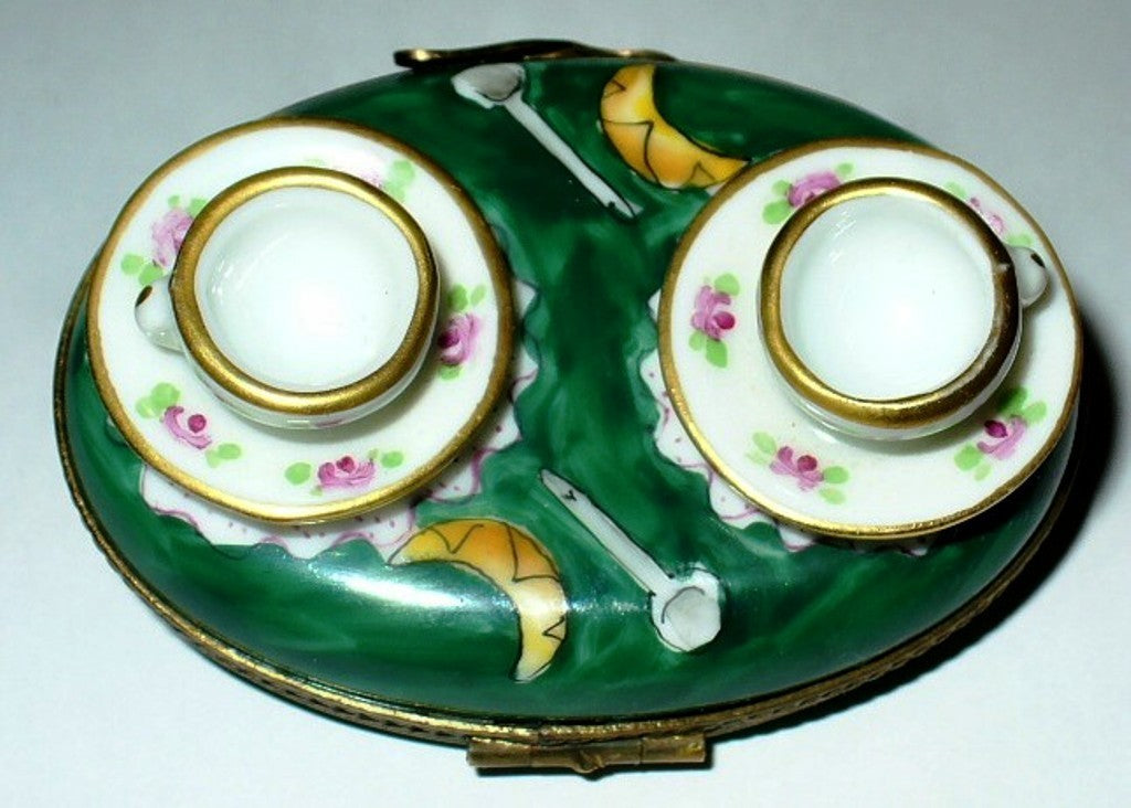 LIMOGES BOX - CHAMART - TEACUPS -~ TEA FOR TWO SET & TRAY - CROISSANTS