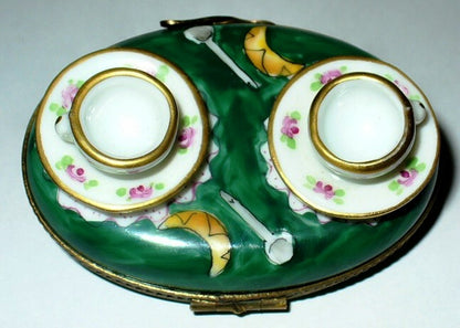 LIMOGES BOX - CHAMART - TEACUPS -~ TEA FOR TWO SET & TRAY - CROISSANTS