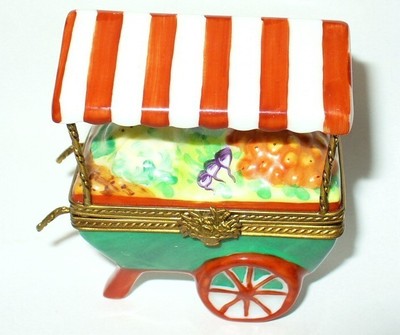 LIMOGES BOX ~ PARRY-VIEILLE ~ VEGETABLE STAND ~CART~ STRIPED AWNING ~ PEINT MAIN