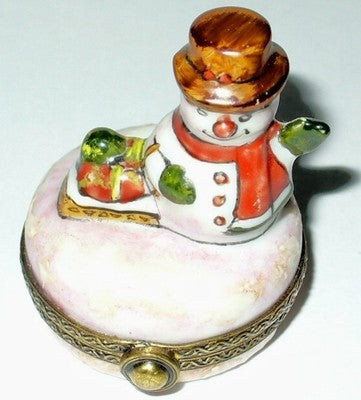 LIMOGES FRANCE BOX - CHRISTMAS - SNOWMAN & PRESENTS - SUMMER SCENE INSIDE