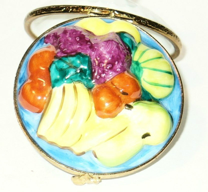 LIMOGES FRANCE BOX~  FRUIT BOWL & PEDESTAL ~APPLES & PEARS & BANANAS~ PEINT MAIN