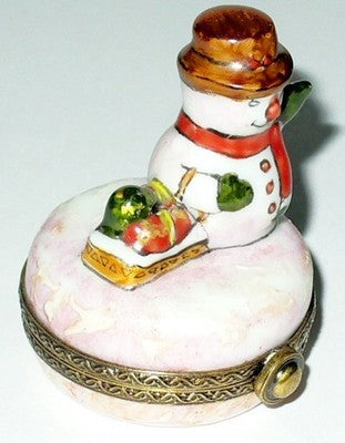 LIMOGES FRANCE BOX - CHRISTMAS - SNOWMAN & PRESENTS - SUMMER SCENE INSIDE