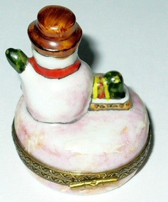 LIMOGES FRANCE BOX - CHRISTMAS - SNOWMAN & PRESENTS - SUMMER SCENE INSIDE
