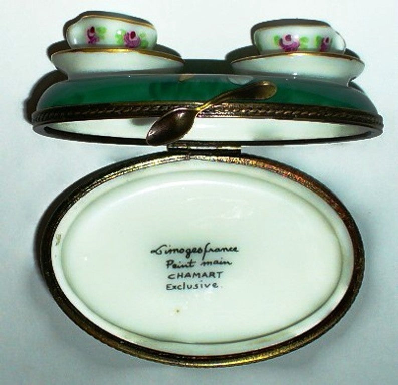 LIMOGES BOX - CHAMART - TEACUPS -~ TEA FOR TWO SET & TRAY - CROISSANTS