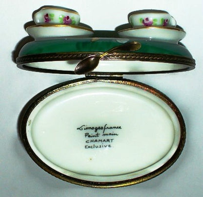 LIMOGES BOX - CHAMART - TEACUPS -~ TEA FOR TWO SET & TRAY - CROISSANTS