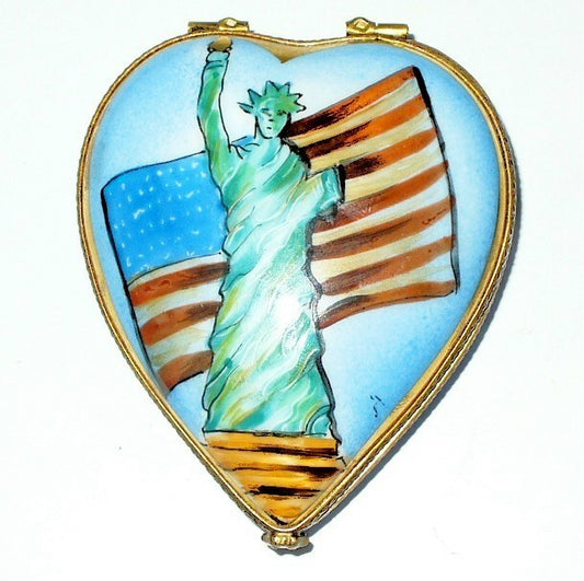 LIMOGES FRANCE BOX - PATRIOTIC HEART - STATUE OF LIBERTY & U. S. FLAG - NEW YORK