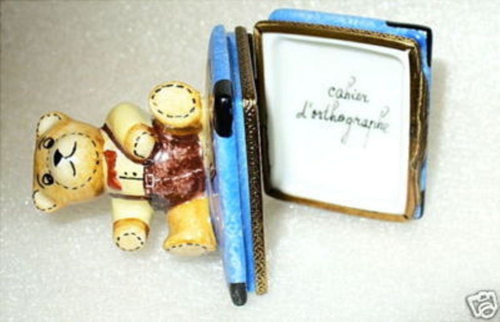 LIMOGES FRANCE BOX -ROCHARD- TEDDY BEAR & SCHOOL BOOK -SCHOOL SUPPLIES- SPELLING