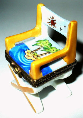 LIMOGES BOX~ PV ~ DIRECTOR'S BEACH CHAIR ~ OCEAN SCENE & PALM TREES ~ PEINT MAIN