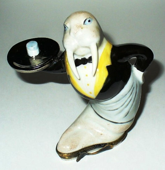 LIMOGES FRANCE BOX - WHIMSICAL FRENCH WALRUS WAITER - SERVING TRAY & FISH CAKE