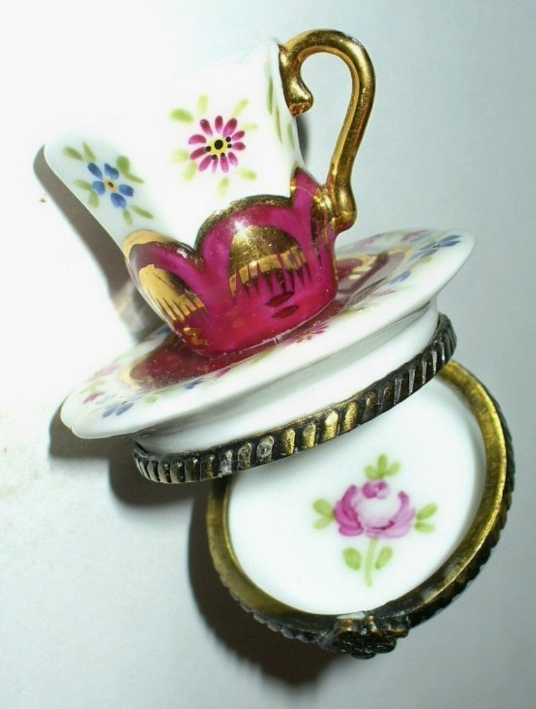 LIMOGES FRANCE BOX~ PARRY-VIEILLE ~FLORAL TEA CUP & SAUCER~ ROSE ~PEINT MAIN~ PV
