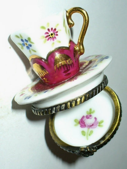 LIMOGES FRANCE BOX~ PARRY-VIEILLE ~FLORAL TEA CUP & SAUCER~ ROSE ~PEINT MAIN~ PV