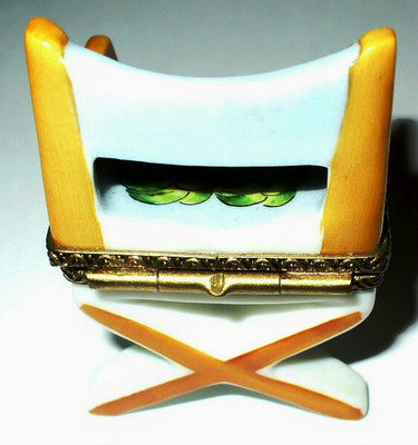 LIMOGES BOX~ PV ~ DIRECTOR'S BEACH CHAIR ~ OCEAN SCENE & PALM TREES ~ PEINT MAIN